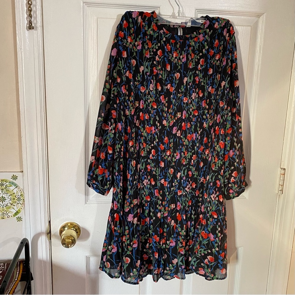 Zara Black Dark Floral Pleated Tunic Top Short Dress Flowy Chiffon Versatile-S